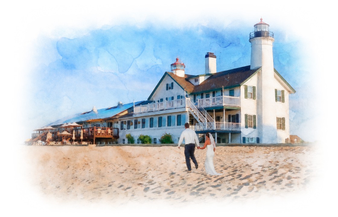 Watercolor of The Lighthouse Inn on the beach, a couple walking toward it